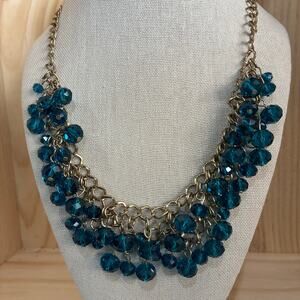 Teal Blue Faceted Bead Bib Statement Necklace Antiqued Gold Tone Chain 19"